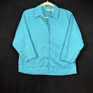 Chicos No-Iron Button Up Shirt Size 0 US Small Turquoise Blue 3/4 Sleeves Cotton